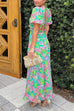 V Neck Puff Sleeves Tie Back Floral Print Maxi Dress