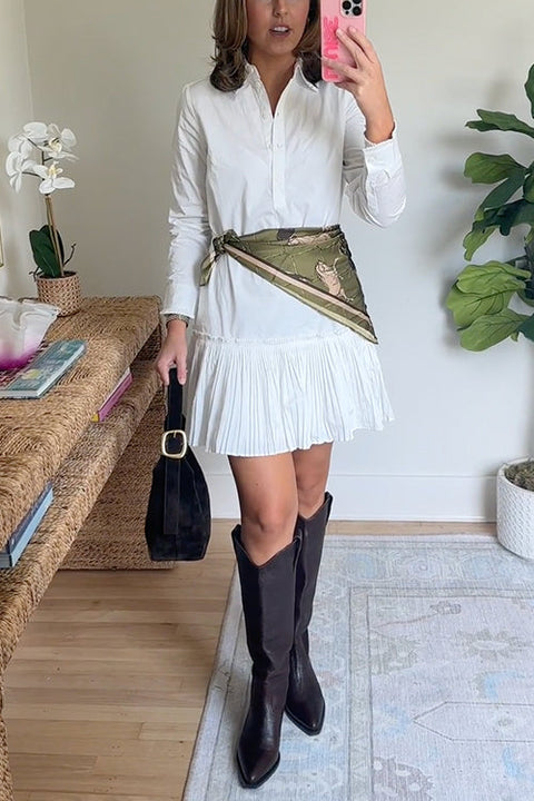 Long Sleeves Button Up Pleated Hem Mini Shirt Dress