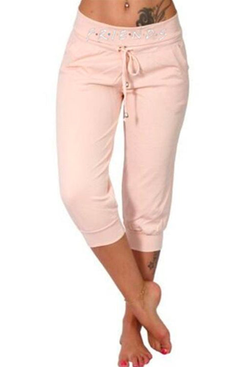 Karleedress Drawstring Letter Printed Crop Pants