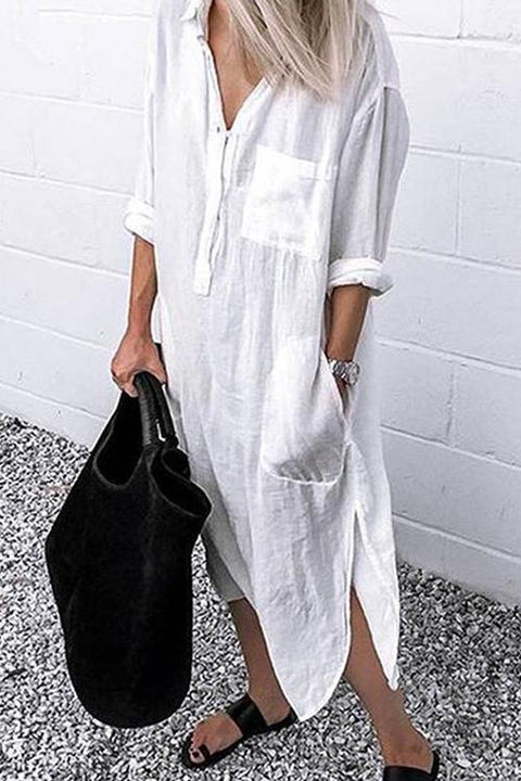 Karleedress Lapel Buttons Pockets Side Split Long Shirt Dress