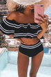 KD Off Shoulder Stripe Ruffle Bathing Suit