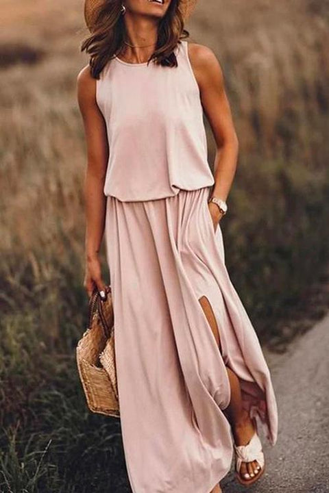 Karleedress Elastic Waist Split Solid Maxi Tank Dress