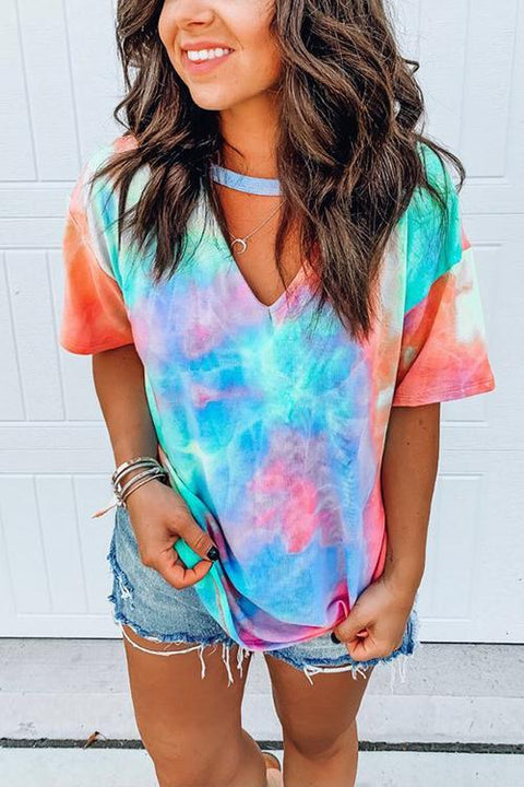 Karleedress V Neck Cut Out Short Sleeve Tie Dye T-shirt
